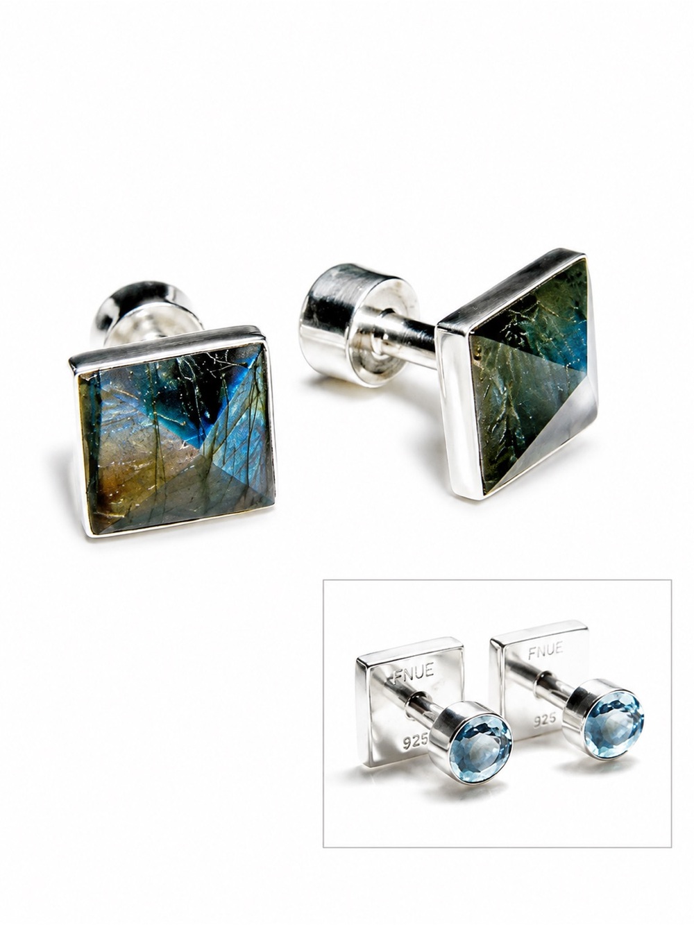 NEW - Handcrafted. .925 Sterling Silver Labradorite and Blue Topaz Cufflinks